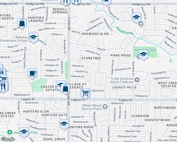 map of restaurants, bars, coffee shops, grocery stores, and more near 2025 Houlton Lane in Plano
