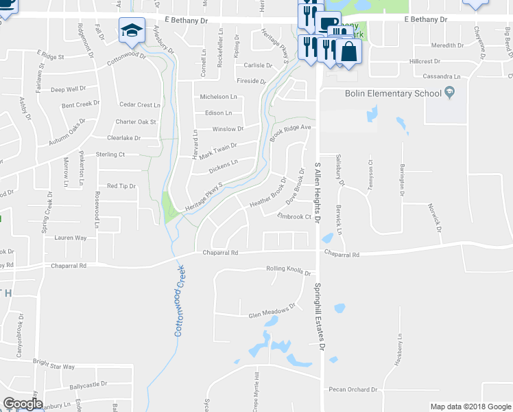 map of restaurants, bars, coffee shops, grocery stores, and more near 1341 Dove Brook Drive in Allen