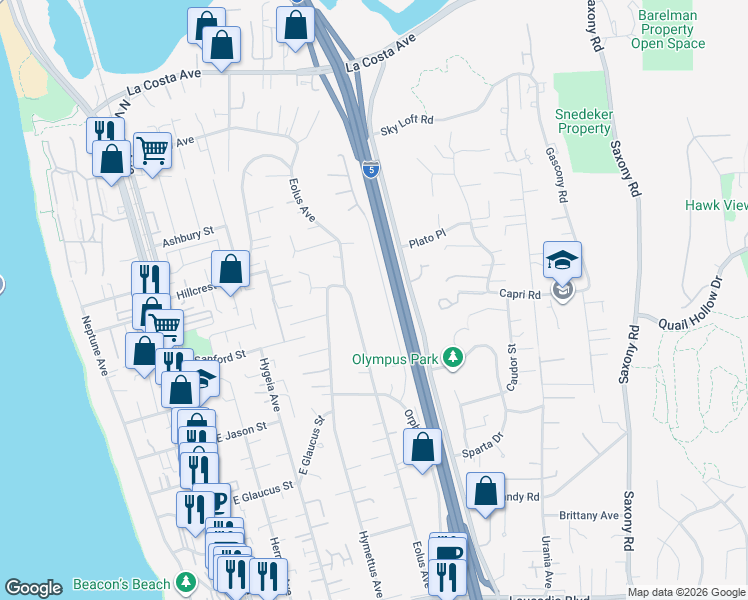 map of restaurants, bars, coffee shops, grocery stores, and more near 1503 Eolus Avenue in Encinitas