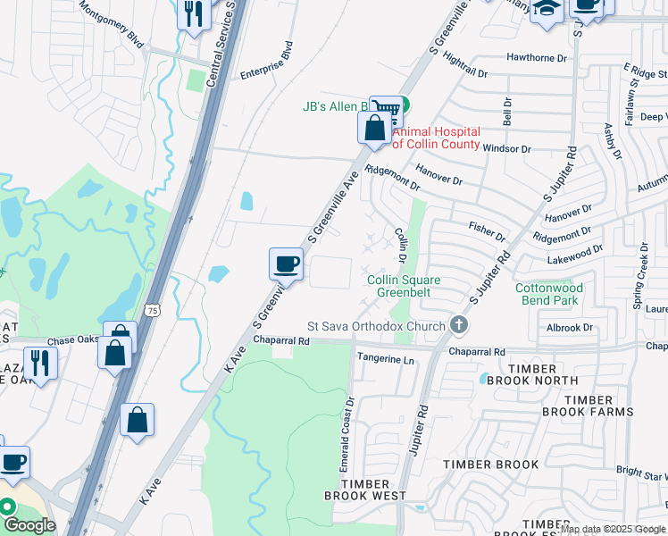 map of restaurants, bars, coffee shops, grocery stores, and more near 1451 South Greenville Avenue in Allen