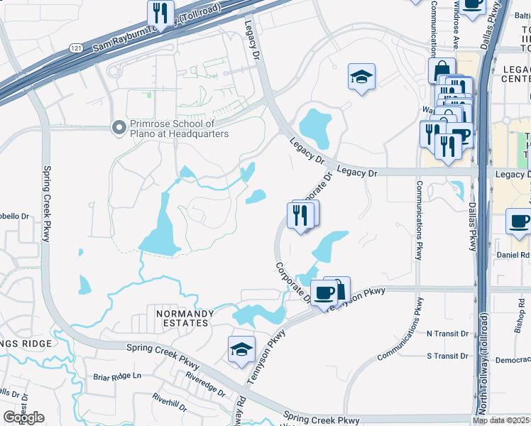 map of restaurants, bars, coffee shops, grocery stores, and more near 7105 Corporate Drive in Plano