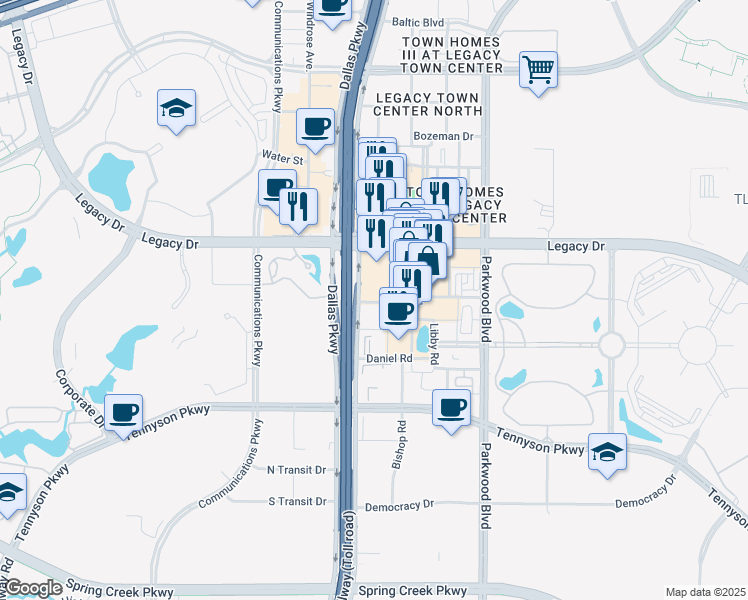 map of restaurants, bars, coffee shops, grocery stores, and more near 7200 Dallas Parkway in Plano