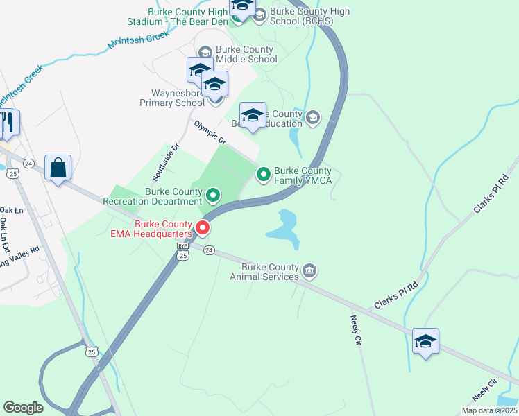map of restaurants, bars, coffee shops, grocery stores, and more near 50 Olympic Drive in Waynesboro