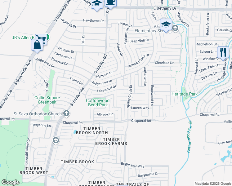 map of restaurants, bars, coffee shops, grocery stores, and more near 1210 Brook Drive in Allen