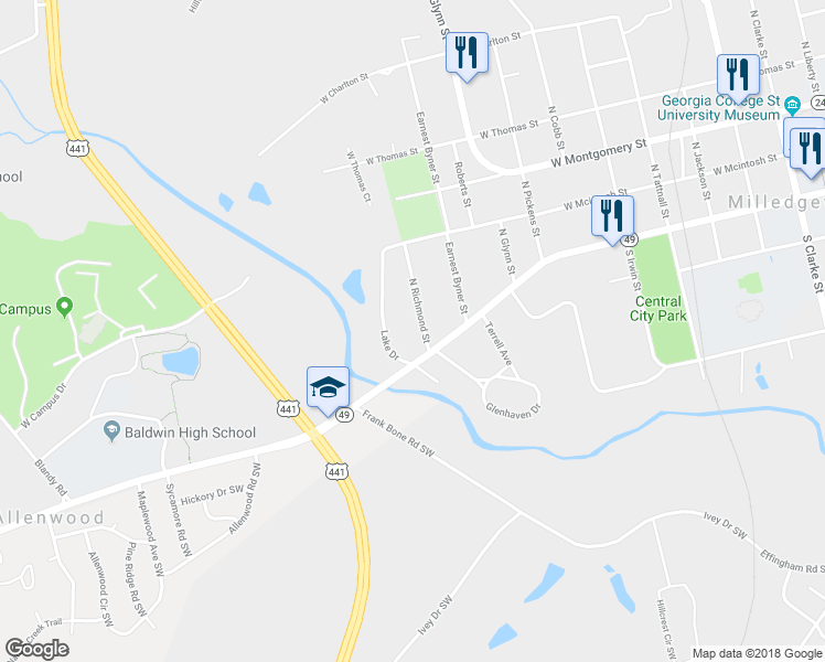 map of restaurants, bars, coffee shops, grocery stores, and more near 130 North Richmond Street in Milledgeville