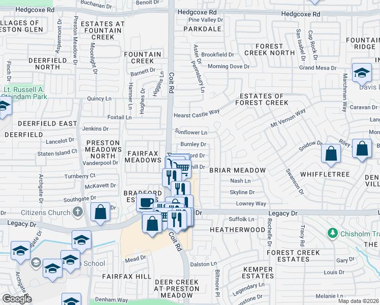 map of restaurants, bars, coffee shops, grocery stores, and more near 3916 Burnley Drive in Plano