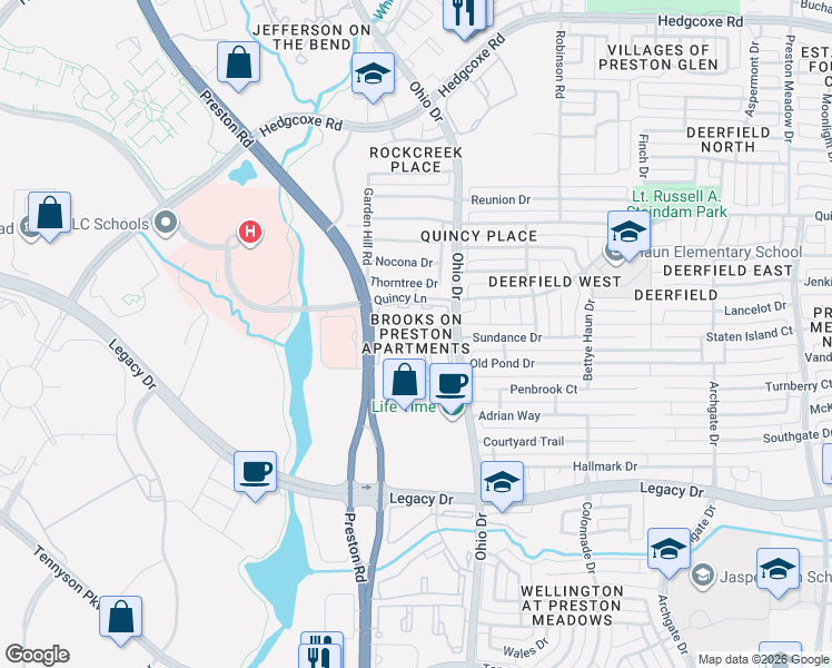 map of restaurants, bars, coffee shops, grocery stores, and more near 7200 Preston Road in Plano