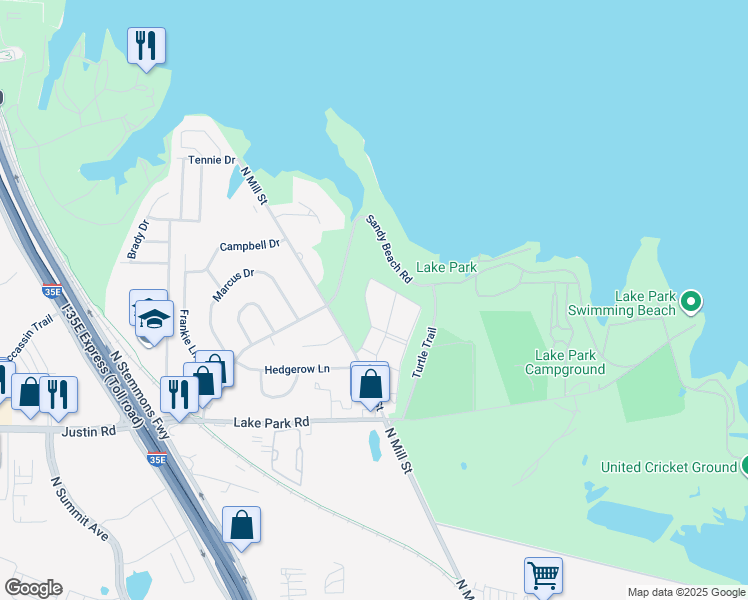 map of restaurants, bars, coffee shops, grocery stores, and more near Oak Park Drive in Lewisville