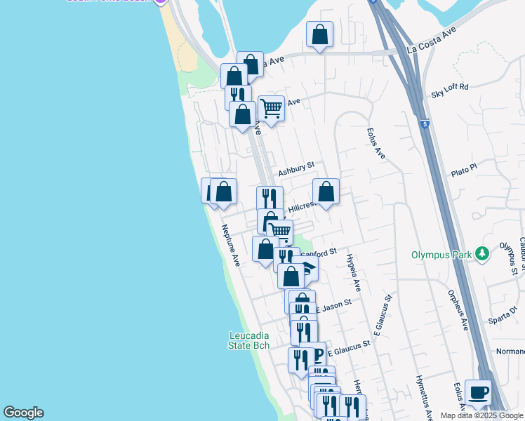 map of restaurants, bars, coffee shops, grocery stores, and more near 127 Grandview Street in Encinitas