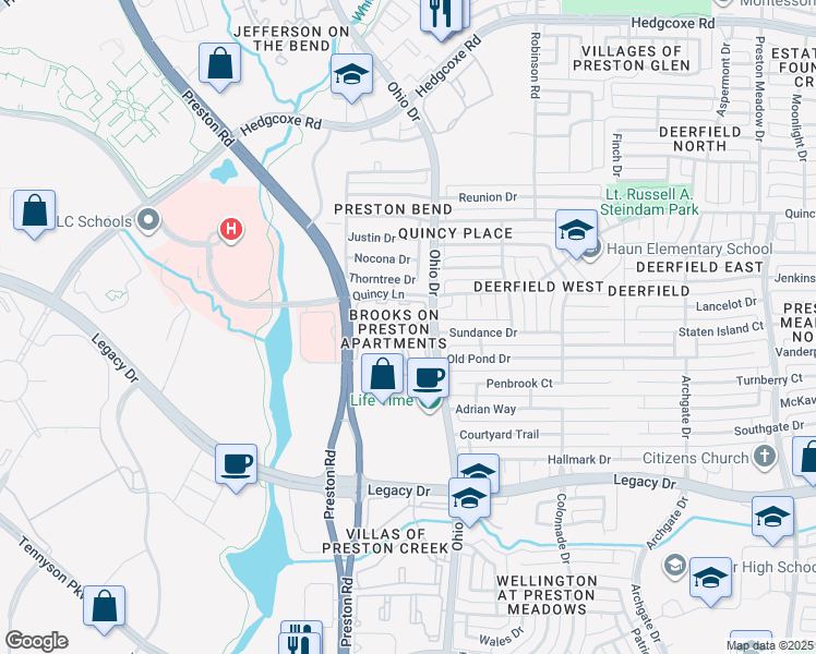 map of restaurants, bars, coffee shops, grocery stores, and more near 7200 Preston Road in Plano