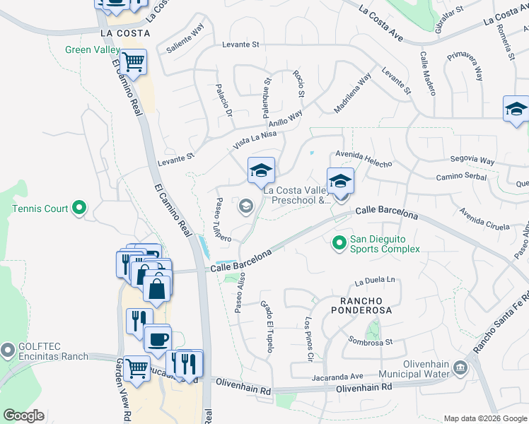 map of restaurants, bars, coffee shops, grocery stores, and more near 2218 Paseo Saucedal in Carlsbad