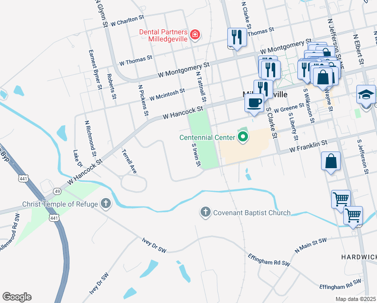 map of restaurants, bars, coffee shops, grocery stores, and more near 241 South Irwin Street in Milledgeville