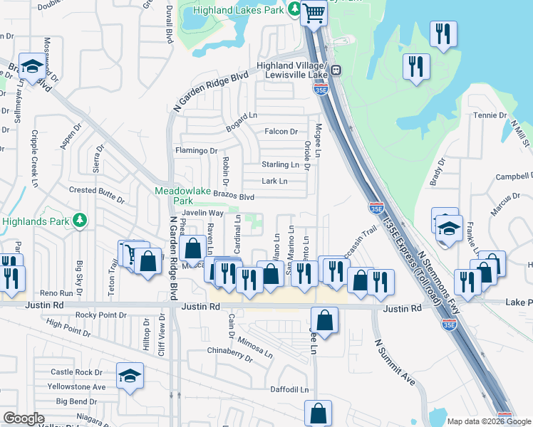 map of restaurants, bars, coffee shops, grocery stores, and more near 2051 Talon Drive in Lewisville