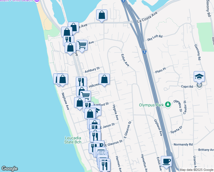 map of restaurants, bars, coffee shops, grocery stores, and more near 260 Hillcrest Drive in Encinitas