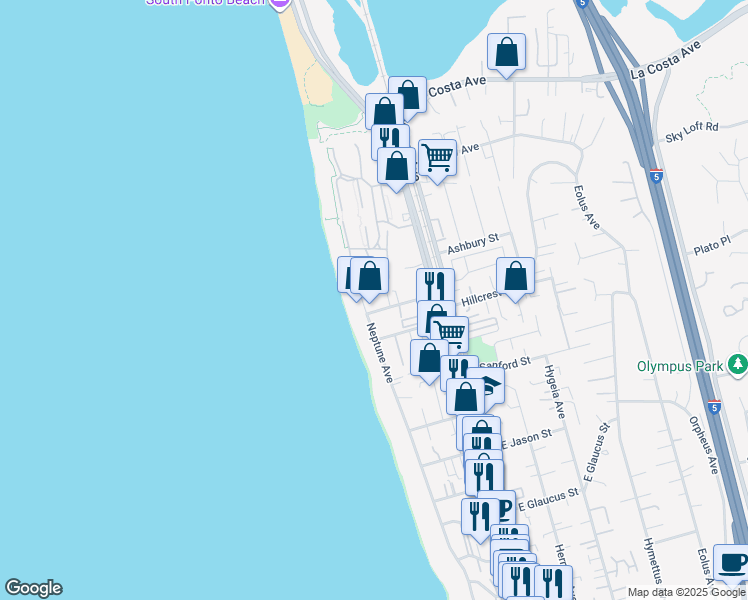 map of restaurants, bars, coffee shops, grocery stores, and more near 1691 Neptune Avenue in Encinitas