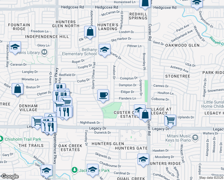 map of restaurants, bars, coffee shops, grocery stores, and more near 7308 Blazer Dr in Plano