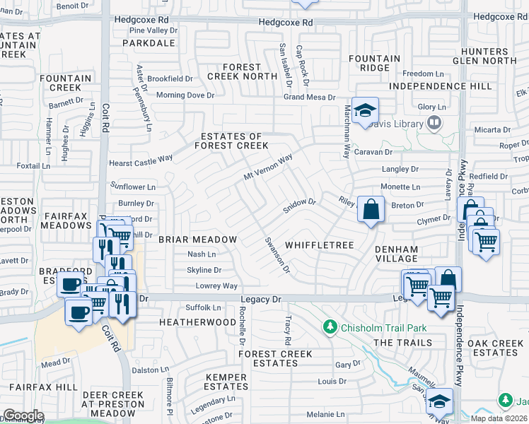 map of restaurants, bars, coffee shops, grocery stores, and more near 7301 White Castle Lane in Plano