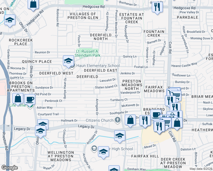 map of restaurants, bars, coffee shops, grocery stores, and more near 4528 Lancelot Drive in Plano