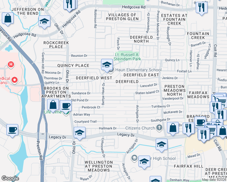 map of restaurants, bars, coffee shops, grocery stores, and more near 4588 Mackey Court in Plano