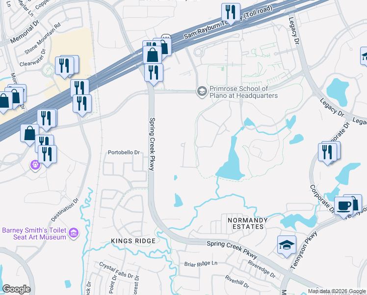map of restaurants, bars, coffee shops, grocery stores, and more near 7701 Legacy Drive in Plano