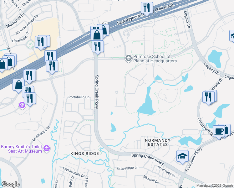 map of restaurants, bars, coffee shops, grocery stores, and more near 7701 Legacy Drive in Plano