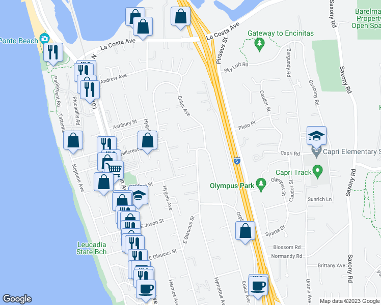 map of restaurants, bars, coffee shops, grocery stores, and more near 1492 Hymettus Avenue in Encinitas