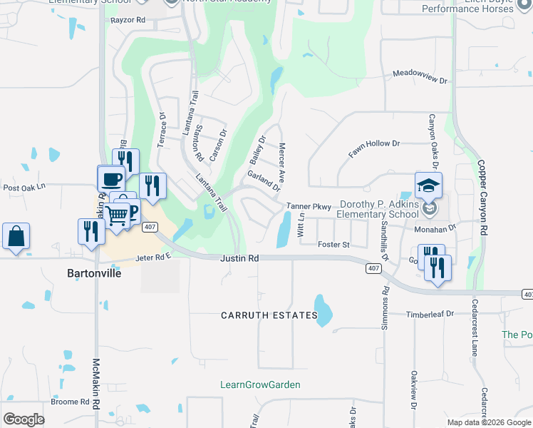 map of restaurants, bars, coffee shops, grocery stores, and more near 900 Crimson Road in Argyle