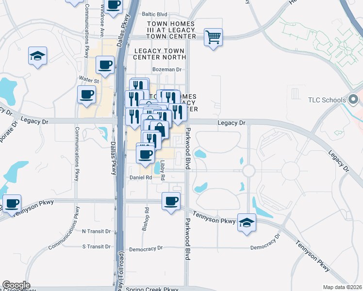 map of restaurants, bars, coffee shops, grocery stores, and more near 7213 Portland Drive in Plano
