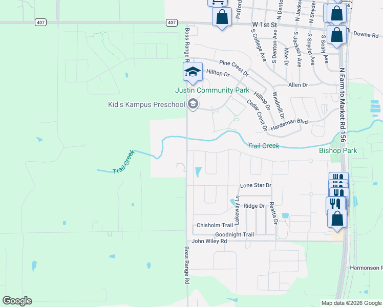 map of restaurants, bars, coffee shops, grocery stores, and more near 796 Boss Range Rd in Justin
