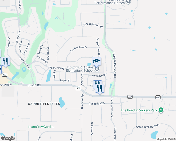 map of restaurants, bars, coffee shops, grocery stores, and more near 1616 Tanner Parkway in Argyle