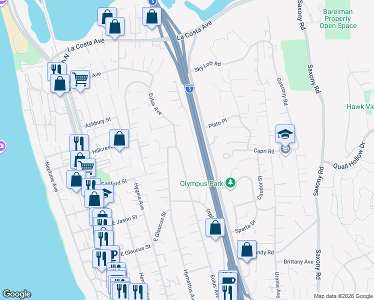 map of restaurants, bars, coffee shops, grocery stores, and more near 1468 Orpheus Avenue in Encinitas