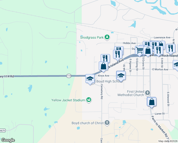 map of restaurants, bars, coffee shops, grocery stores, and more near 539 Texas 114 in Boyd
