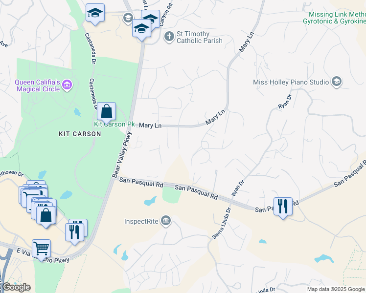 map of restaurants, bars, coffee shops, grocery stores, and more near 3606 Mary Lane in Escondido