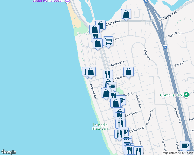 map of restaurants, bars, coffee shops, grocery stores, and more near 142 Grandview Street in Encinitas