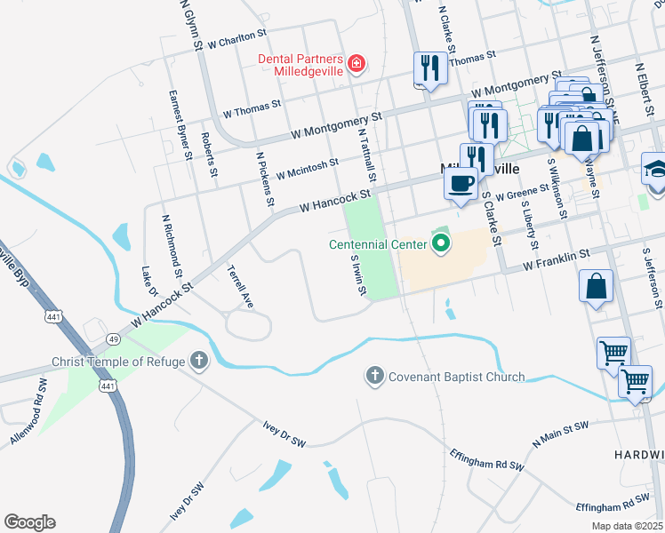 map of restaurants, bars, coffee shops, grocery stores, and more near 241-17 South Irwin Street in Milledgeville