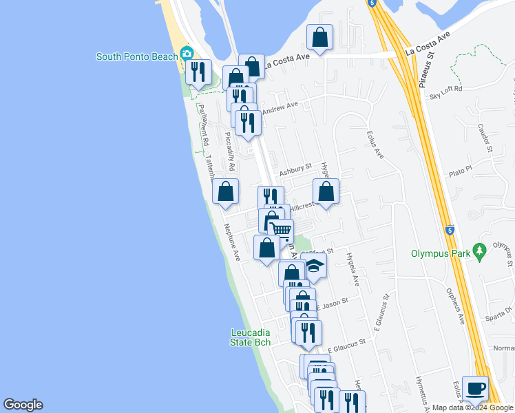 map of restaurants, bars, coffee shops, grocery stores, and more near 130 Grandview Street in Encinitas