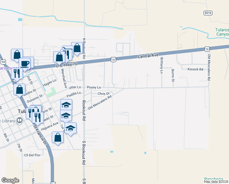 map of restaurants, bars, coffee shops, grocery stores, and more near 1000 Posey Lane in Tularosa