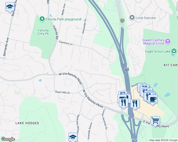 map of restaurants, bars, coffee shops, grocery stores, and more near 2932 Panorama Crest in Escondido