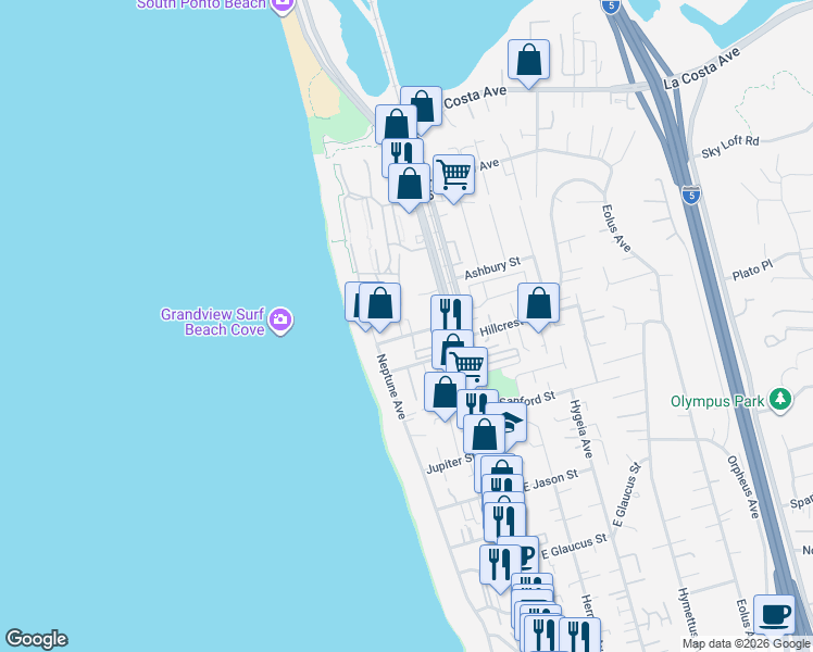 map of restaurants, bars, coffee shops, grocery stores, and more near 142 Grandview Street in Encinitas