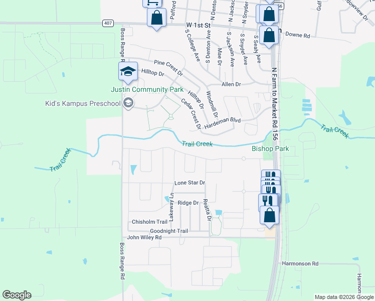 map of restaurants, bars, coffee shops, grocery stores, and more near 500 Hillcrest Circle in Justin