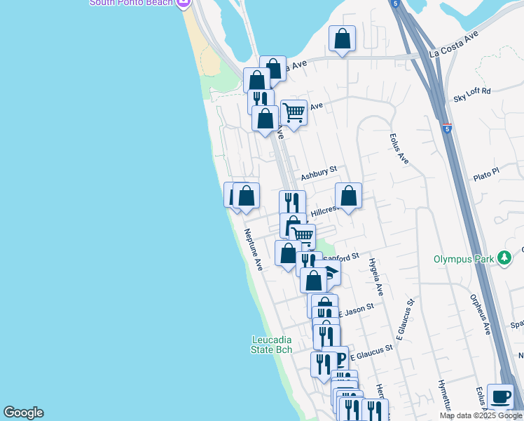 map of restaurants, bars, coffee shops, grocery stores, and more near 142 Grandview Street in Encinitas