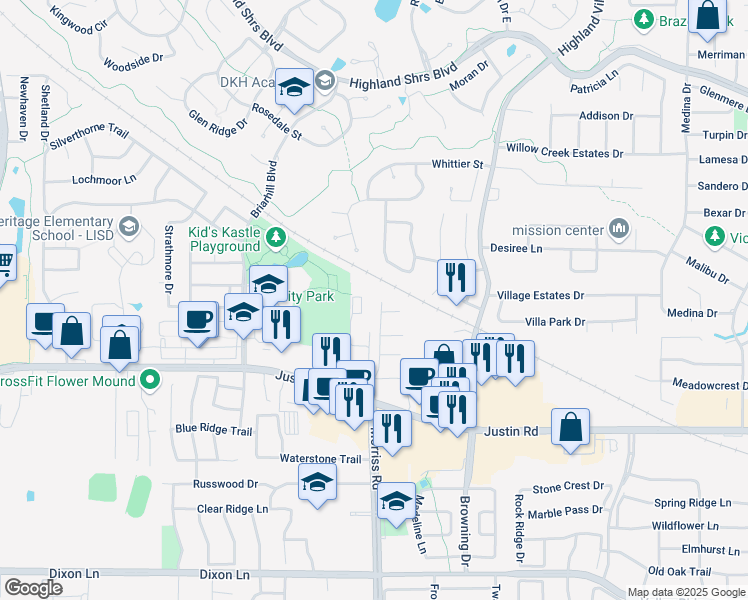 map of restaurants, bars, coffee shops, grocery stores, and more near 2005 Highland Forest Drive in Highland Village