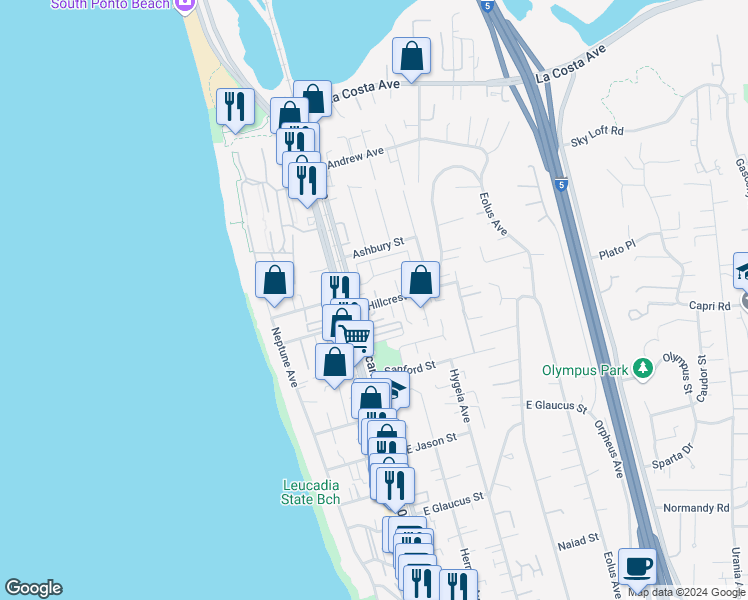 map of restaurants, bars, coffee shops, grocery stores, and more near 136 Hillcrest Drive in Encinitas