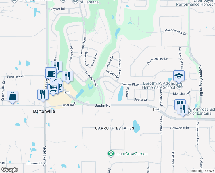 map of restaurants, bars, coffee shops, grocery stores, and more near 841 Mistletoe Drive in Argyle