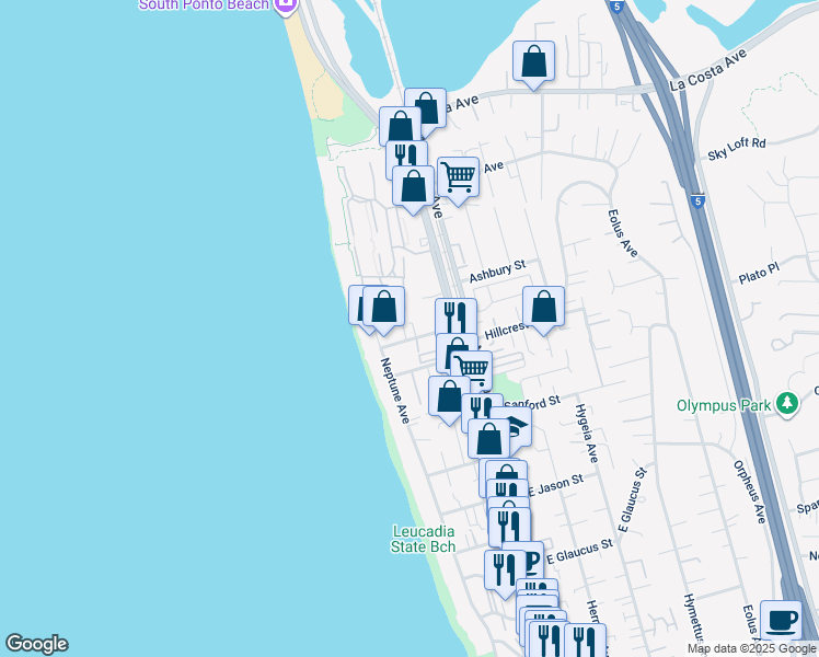 map of restaurants, bars, coffee shops, grocery stores, and more near 156 Grandview Street in Encinitas