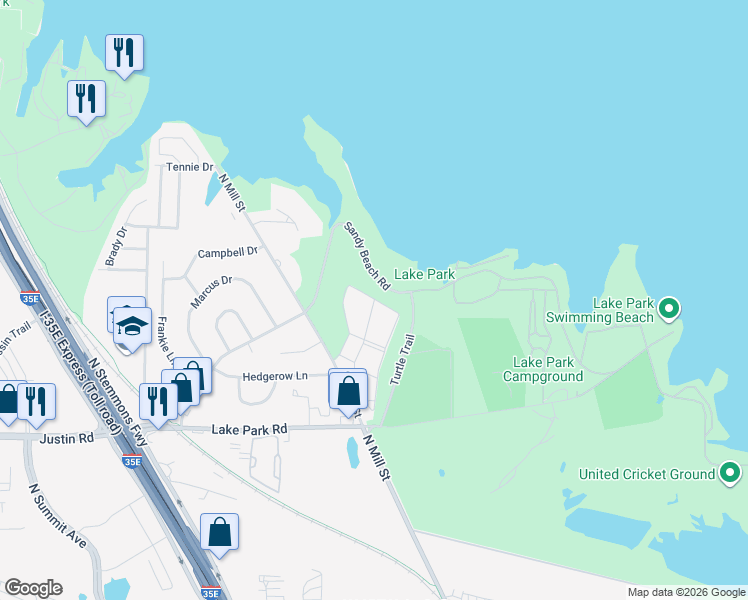 map of restaurants, bars, coffee shops, grocery stores, and more near 2211 Lakeview Circle in Lewisville