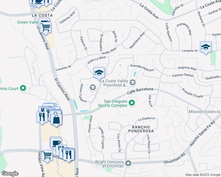 map of restaurants, bars, coffee shops, grocery stores, and more near 2251 Paseo Saucedal in Carlsbad