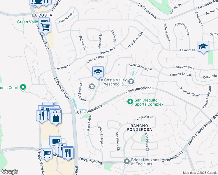 map of restaurants, bars, coffee shops, grocery stores, and more near 2251 Paseo Saucedal in Carlsbad