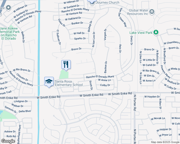 map of restaurants, bars, coffee shops, grocery stores, and more near 42236 Chisholm Drive in Maricopa