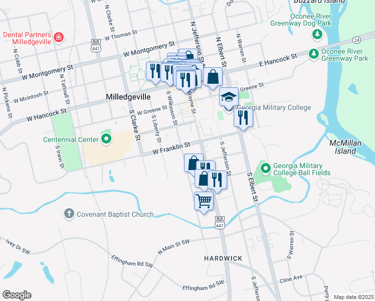 map of restaurants, bars, coffee shops, grocery stores, and more near 406 South Wilkinson Street in Milledgeville